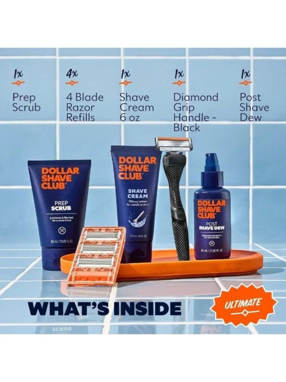 Dollar Shave Club Ultimate Shave Set 4 Refills & Handle + Scrub + Cream + Dew